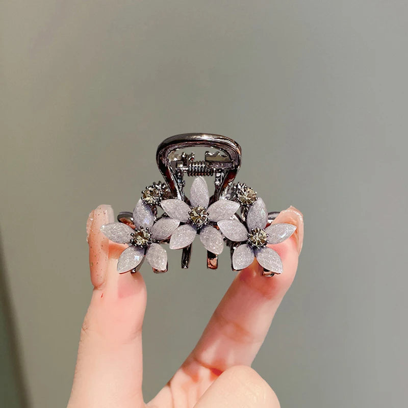 Rhinestone Glazed Flower Hair Clip Black Color High-end Half-tied Hair Claw Back Head Women's
