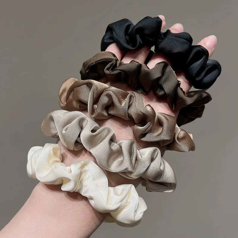 3/4/5 PCS Elastic Bands Elegant Solid Color Satin Pleated Scrunchies Woman Strong Ponytail Hair Ties