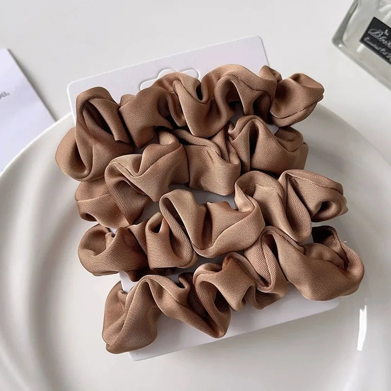 3/4/5 PCS Elastic Bands Elegant Solid Color Satin Pleated Scrunchies Woman Strong Ponytail Hair Ties