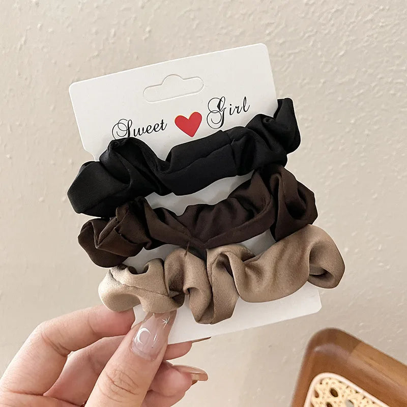 3/4/5 PCS Elastic Bands Elegant Solid Color Satin Pleated Scrunchies Woman Strong Ponytail Hair Ties