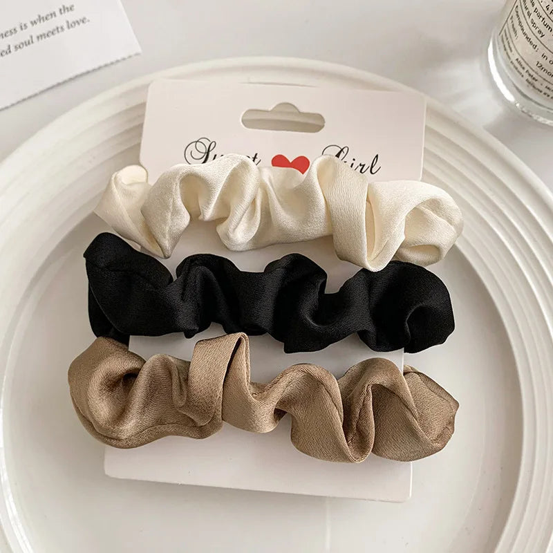 3/4/5 PCS Elastic Bands Elegant Solid Color Satin Pleated Scrunchies Woman Strong Ponytail Hair Ties