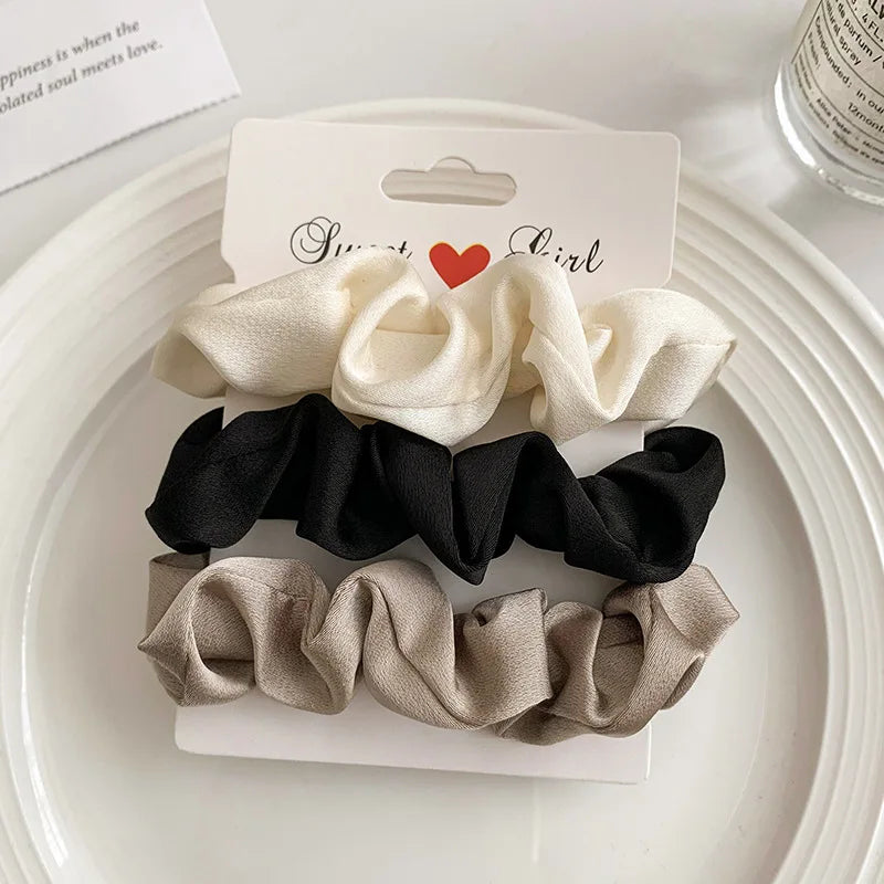 3/4/5 PCS Elastic Bands Elegant Solid Color Satin Pleated Scrunchies Woman Strong Ponytail Hair Ties