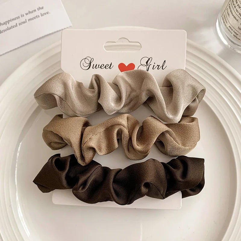 3/4/5 PCS Elastic Bands Elegant Solid Color Satin Pleated Scrunchies Woman Strong Ponytail Hair Ties
