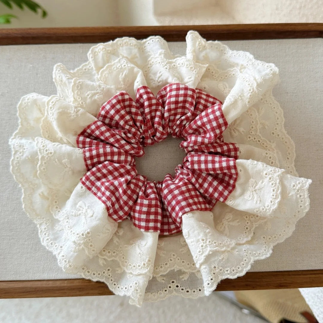 Checkered Scrunchies for Hair Fashion Girls Headwear Cloth Hairties for Women Floral Hair