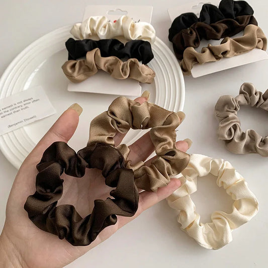 3/4/5 PCS Elastic Bands Elegant Solid Color Satin Pleated Scrunchies Woman Strong Ponytail Hair Ties