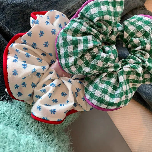Checkered Scrunchies for Hair Fashion Girls Headwear Cloth Hairties for Women Floral Hair